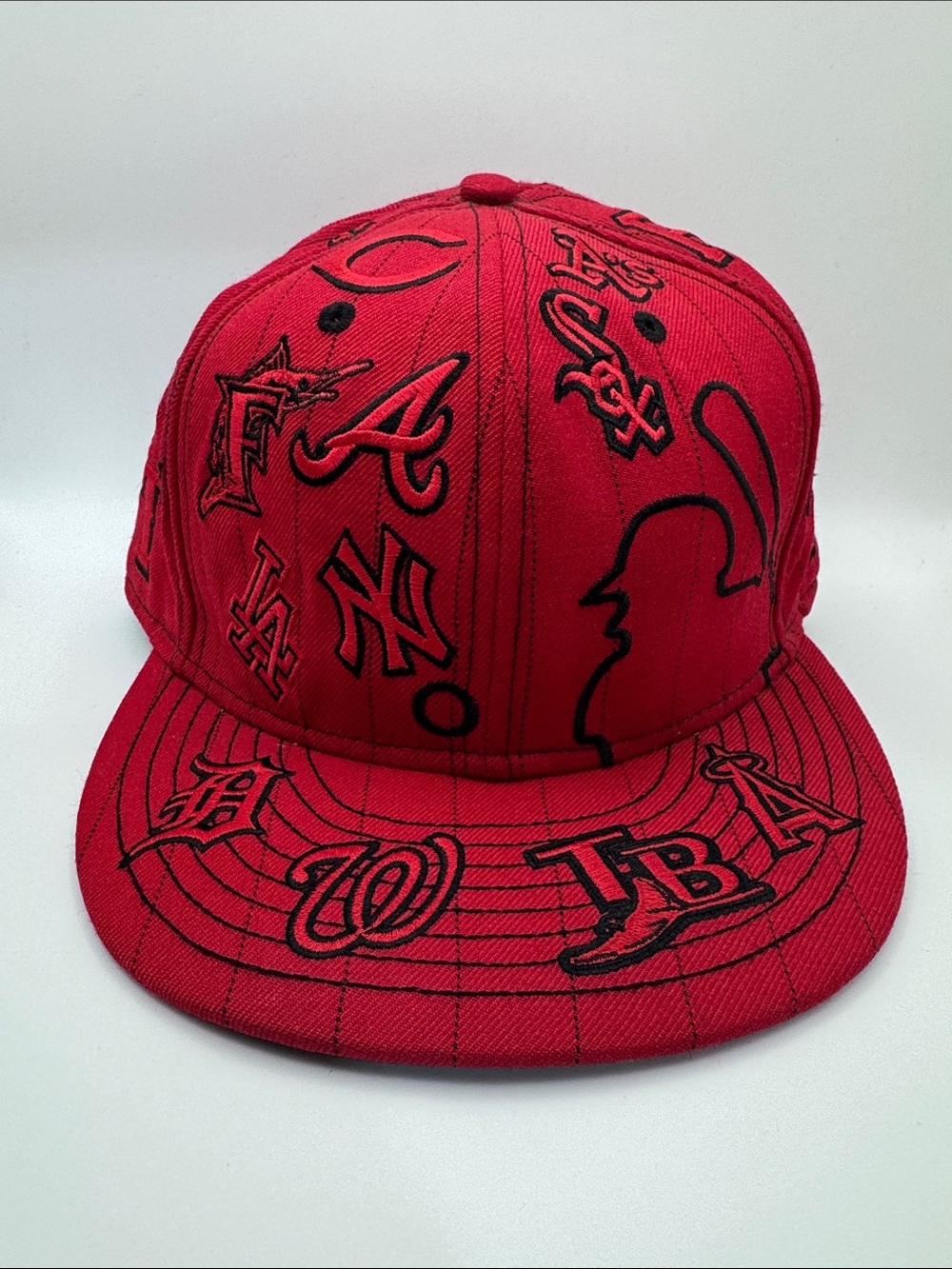 NEW ERA ALL OVER MLB LOGOS HAT Cap Size 7-3/8" THROWBACK RED